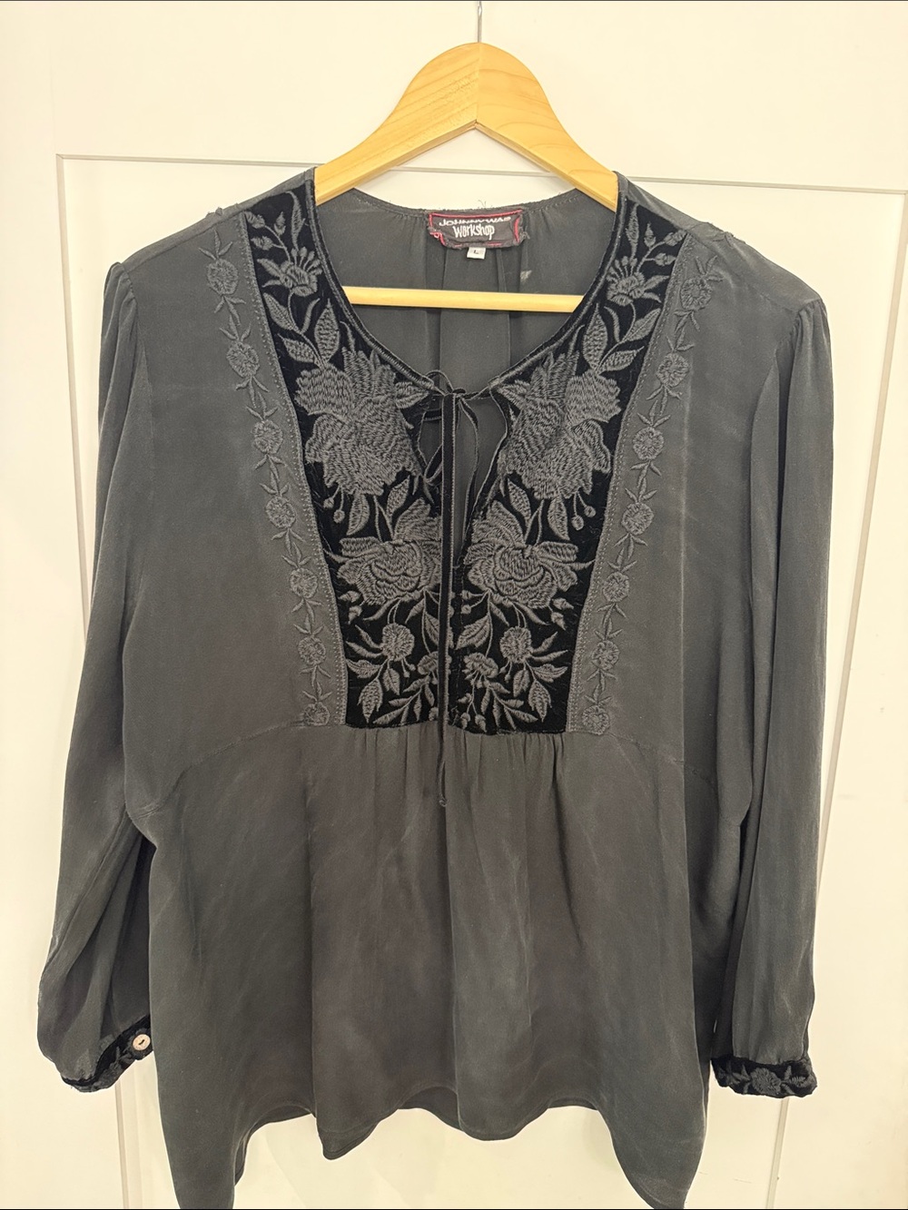 Johnny Was black Velvet Embroidered Tie-Neck Tunic